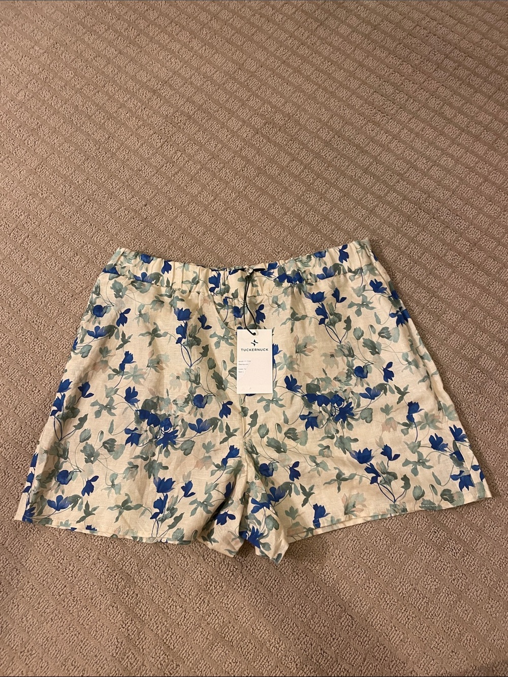 Tuckernuck Cream Linen-Blend Shorts with Blue Floral Print